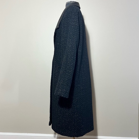 Vintage Otello Pelle Black & White Tweed Trench Coat with Leather Collar Size XL - Picture 5 of 11